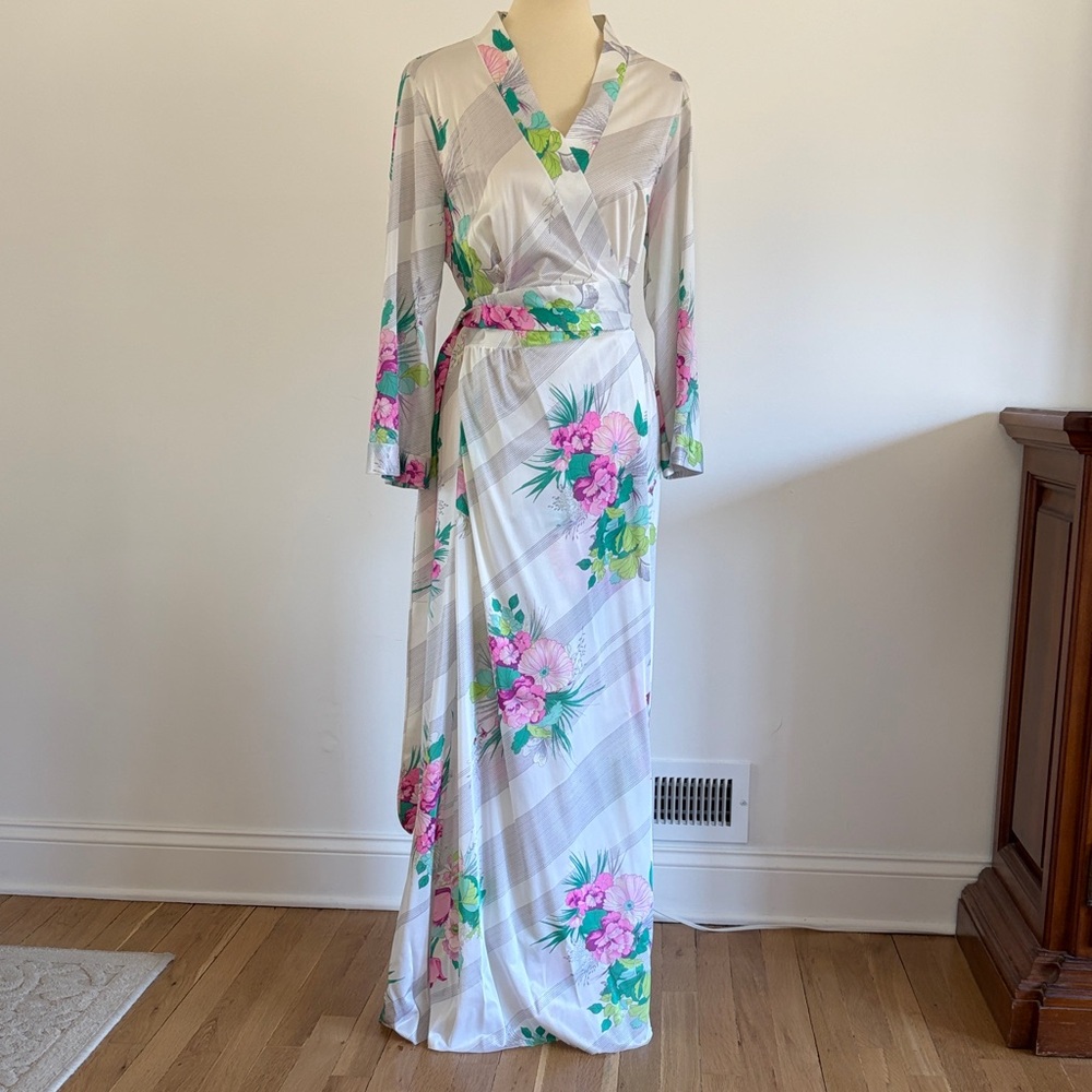 Vtg 70s Sears Nylon Bright Neon Floral Peignoir Robe Nightgown Set Lingerie